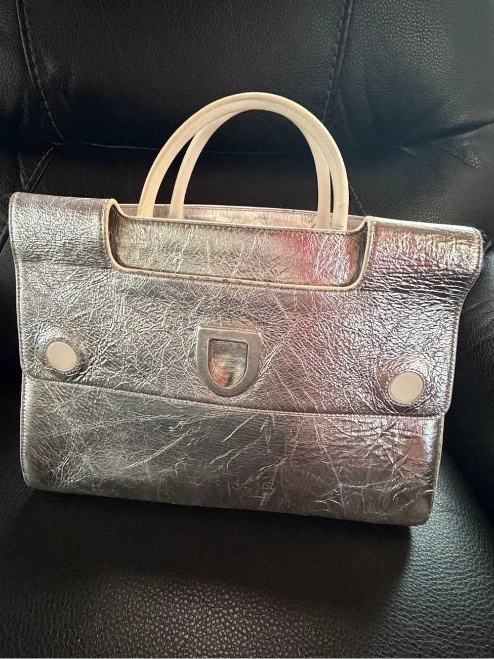 Dior Metallic Silver Crinkled Leather Satchel